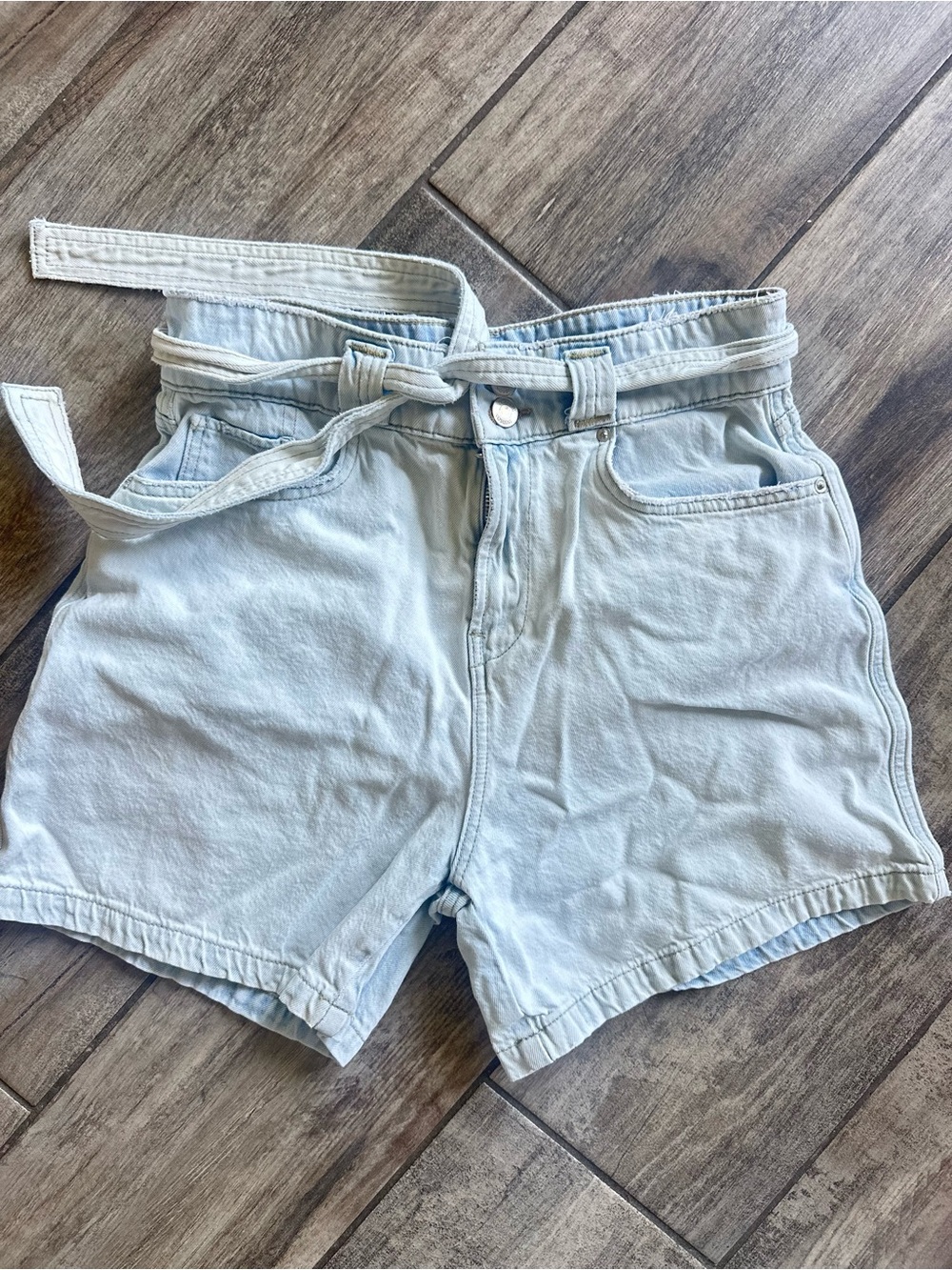 Hudson Jeans High-Waist Pale Blue Denim Shorts with Tie Belt